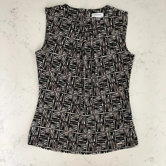 Calvin Klein Sleeveless Scoop Neck Bamboo Print Top Black Tan Wht Sz S NWOT - Picture 1 of 15